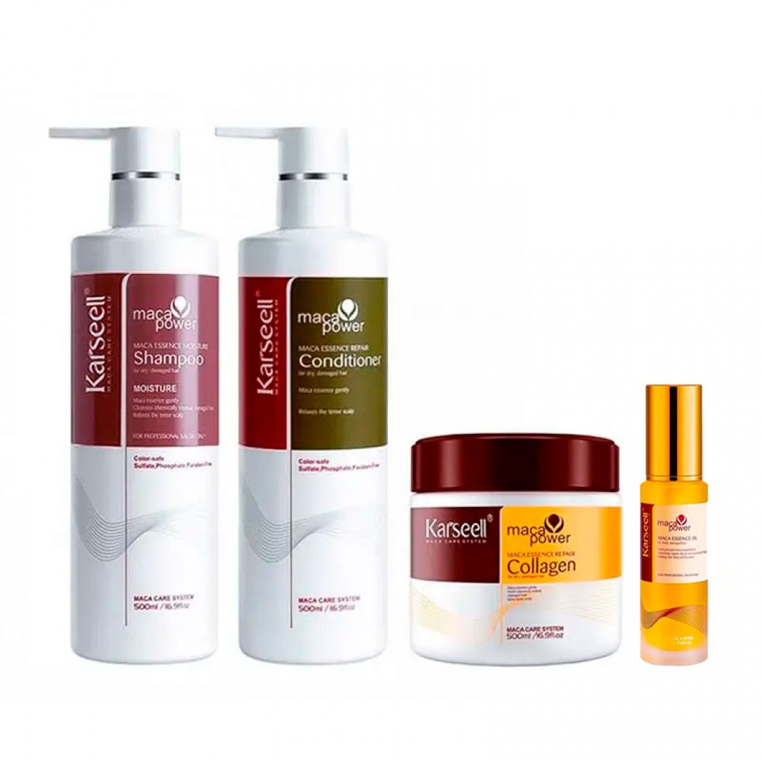 Набір Karseell Мaca Essence Repair шампунь, кондиціонер, маска та олійка для волосся, 3х500/50 мл Набір Karseell Мaca Essence Repair шампунь, кондиціонер, маска та олійка для волосся, 3х500/50 мл